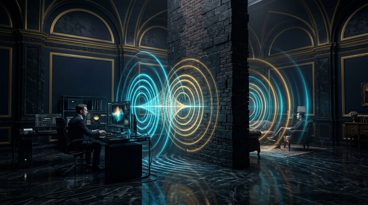 MANSEDER v2.0 DeepTech Command Studio: Goldene und cyanfarbene 5 GHz Radarwellen durchdringen eine massive Wiener Altbau-Ziegelmauer